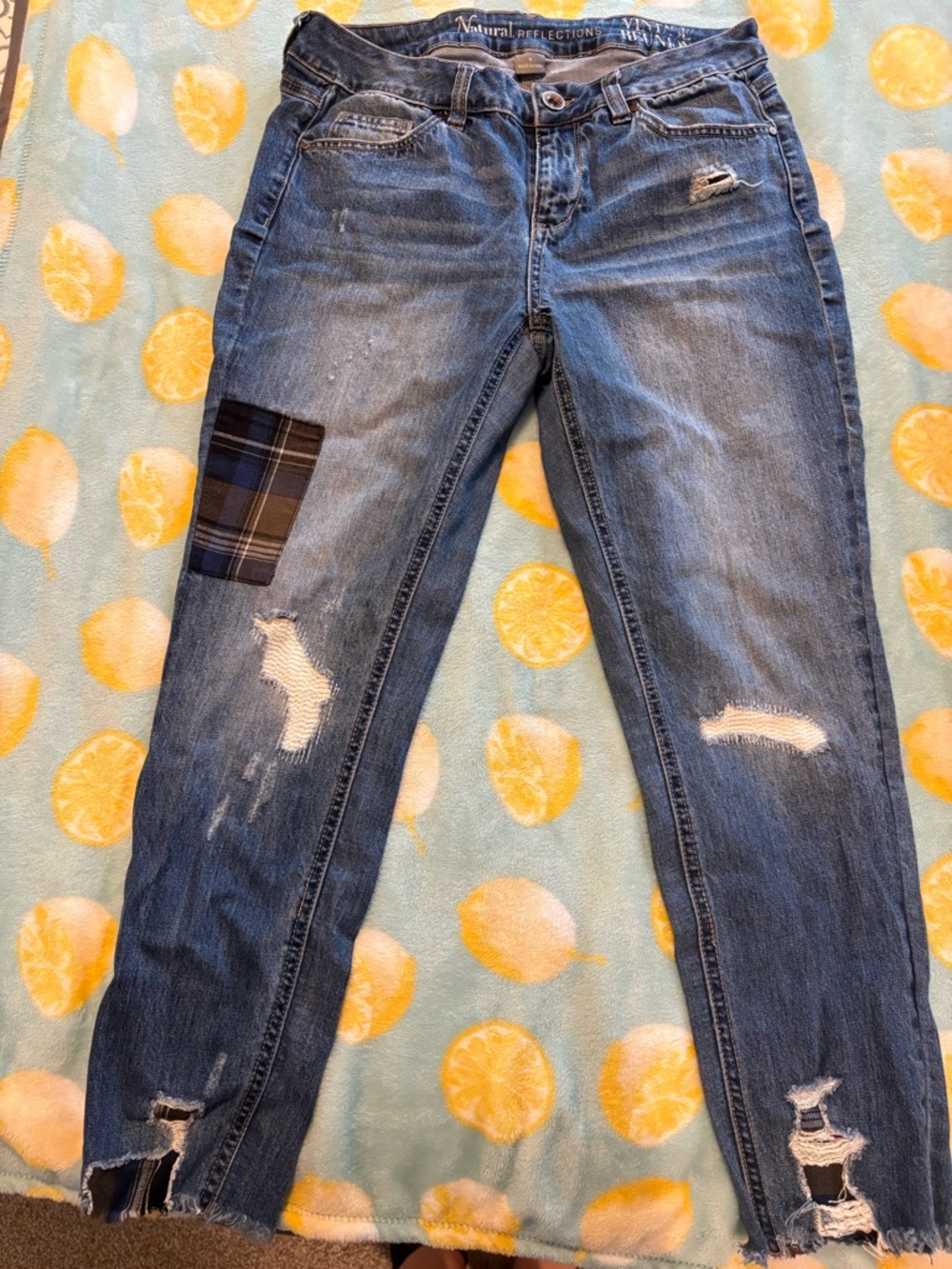 Natural Reflections Blue Distressed Boyfriend Jeans with Plaid Patch